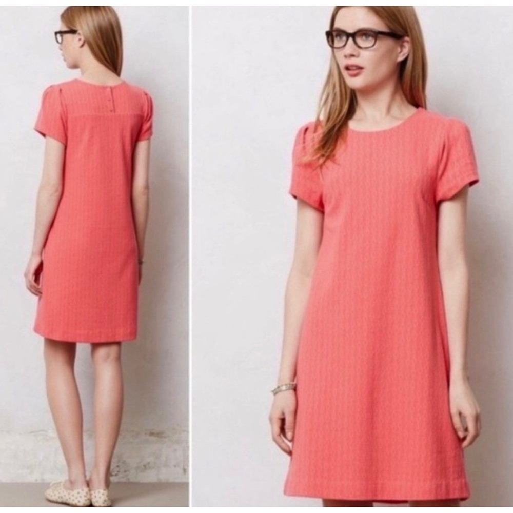 Anthropologie Maeve Coral Shift Dress Stretch Crew Neck Textured Design Size M